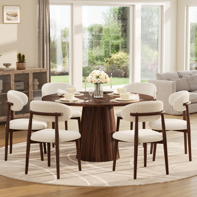 Ensemble de salle à manger de style Mid-Century pour 4-6 personnes, table à piédestal ronde en MDF et chaises en métal revêtues de lin