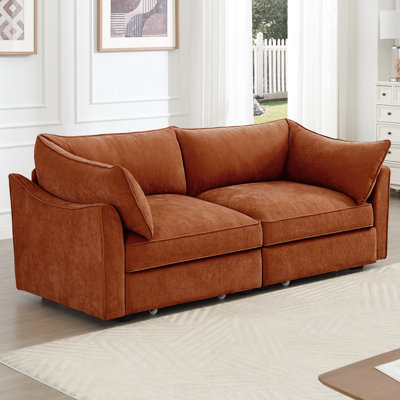 2 places en chenille orange avec tiroirs de rangement coulissants sous chaque siège, tiroirs passepoilés et accoudoirs décoratifs, conception lisse
