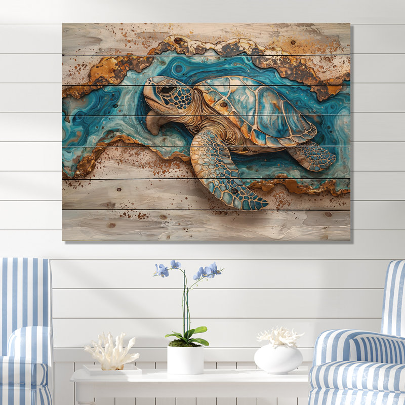 Tortue sur la plage, collage de paysage - Art animalier sur bois de pin naturel, H 24 po x l 32 po x P 0,78 po