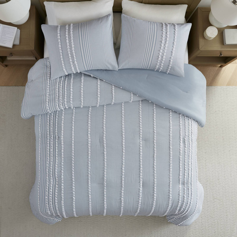 Ensemble d'édredon en fil de coton 3 pièces Anslee, Édredon double / grand + 2 taies décoratives sta, Bleu