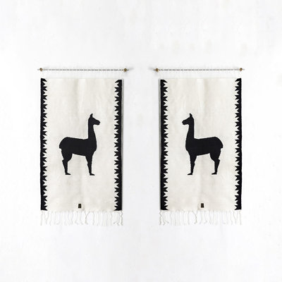Llamas Sheep Wool Handwoven Tapestries, Aged Bronze Wall Mount, Terracota, Set Of 2