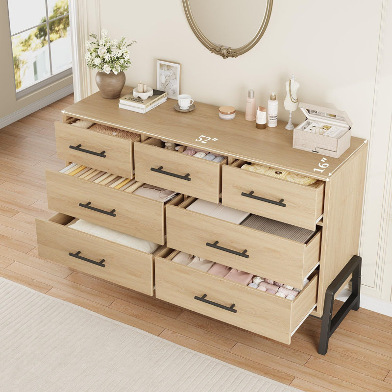 52-Inch  7-Drawer Freestanding Cabinet in Natural Oak & Black - Wood Storage Unit for Living Room. Bedroom or Entryway