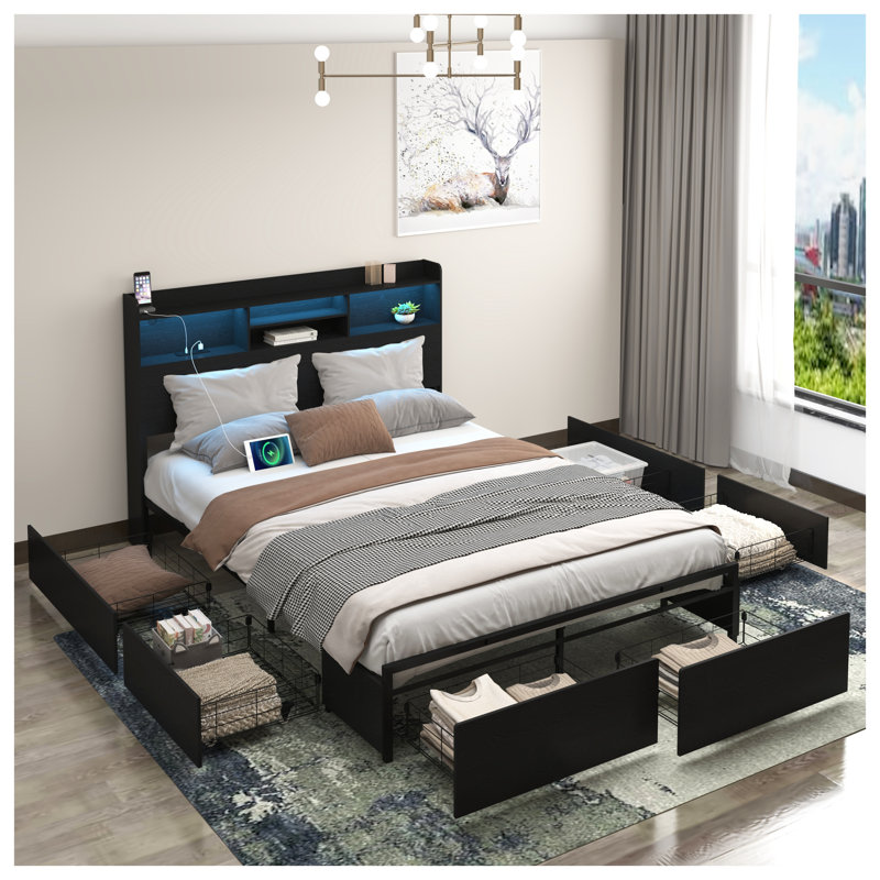 Cadre de grand lit avec 6 tiroirs de rangement Cadre de grand lit avec tête de lit et tablette de rangement, lit de rangement avec DEL et station de charge, pas de bruit, pas de sommier nécessaire, noir