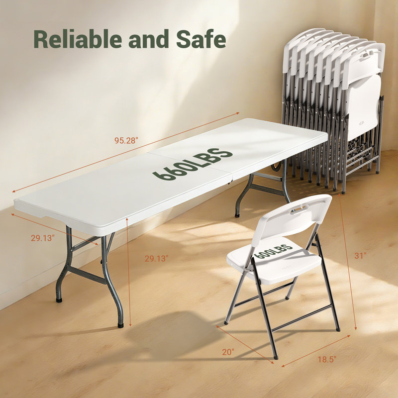 Ensemble 7 pièces de table rectangulaire et chaises pliantes de 8 pieds - Table robuste de 660 lb et chaises de 600 lb - Ensemble de meubles pliables portatifs pour l'intérieur et l'extérieur