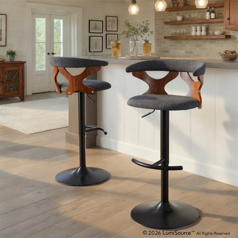 Laquietta Adjustable Height Bar Stools with Rounded T Footrest, Black/Walnut, Charcoal