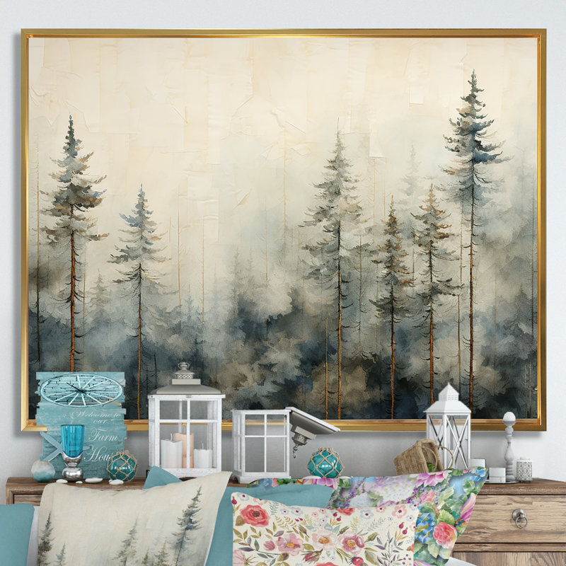 Minimalisme forêt de pins d'hiver - décoration murale forêt, Cadre flottant doré, H 34 po x l 44 po x P 1,5 po