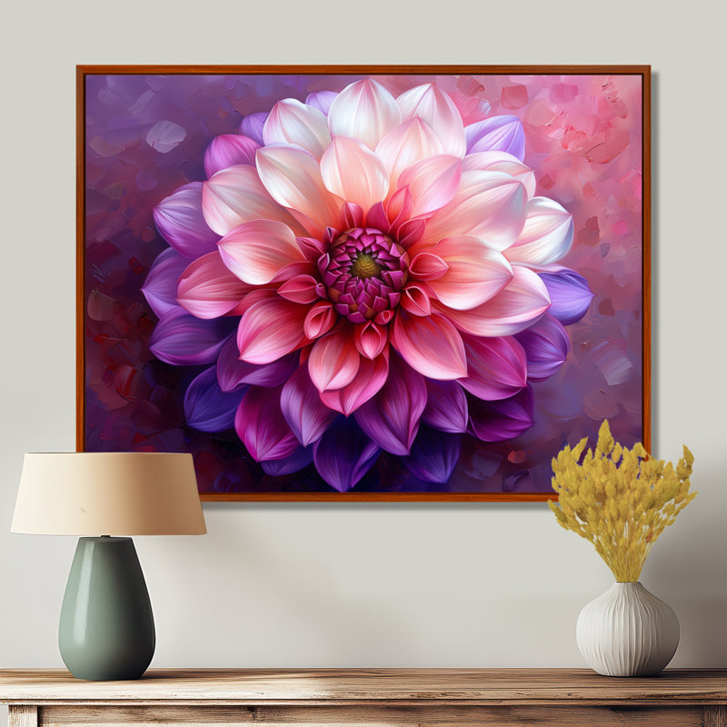 «Dahlia», art floral mauve, H 16 po x l 32 po, Cadre flottant brun