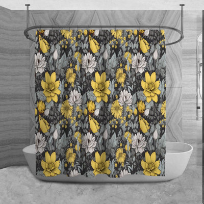 Floral Shower Curtain Botanical Bathroom Decor Silver;Yellow