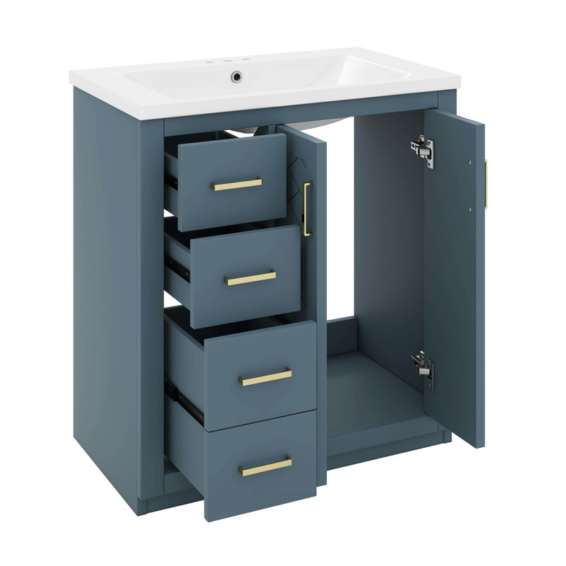 Meuble-lavabo 30 po avec lavabo, meuble-lavabo en bois massif avec 3 tiroirs, Bleu