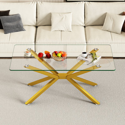 Table basse rectangulaire en verre trempé de 39,06 po, pieds en métal, articles lourds et de haute résistance, table rectangulaire élégante en verre avec une structure stable et fonctionnelle pour plusieurs pièces