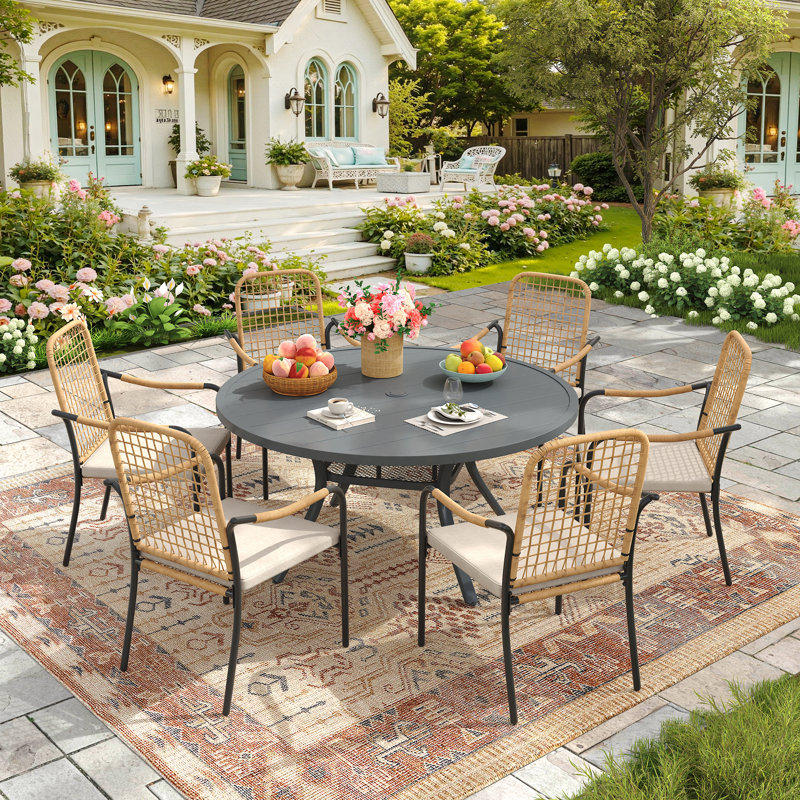 Ensemble de salle à manger de patio pour 6 personnes avec fauteuil empilable, Gris