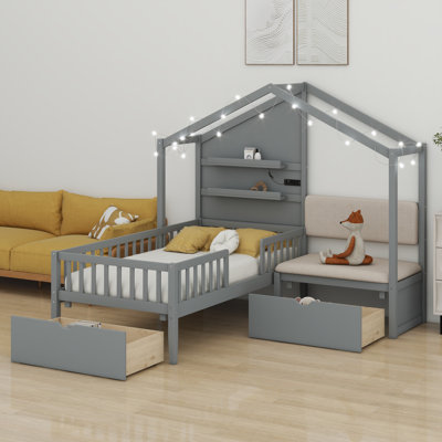 House Bed With Upholstered Sofa, House Bed With Charging Station, Wireless Charging, Shelves And Two Drawers