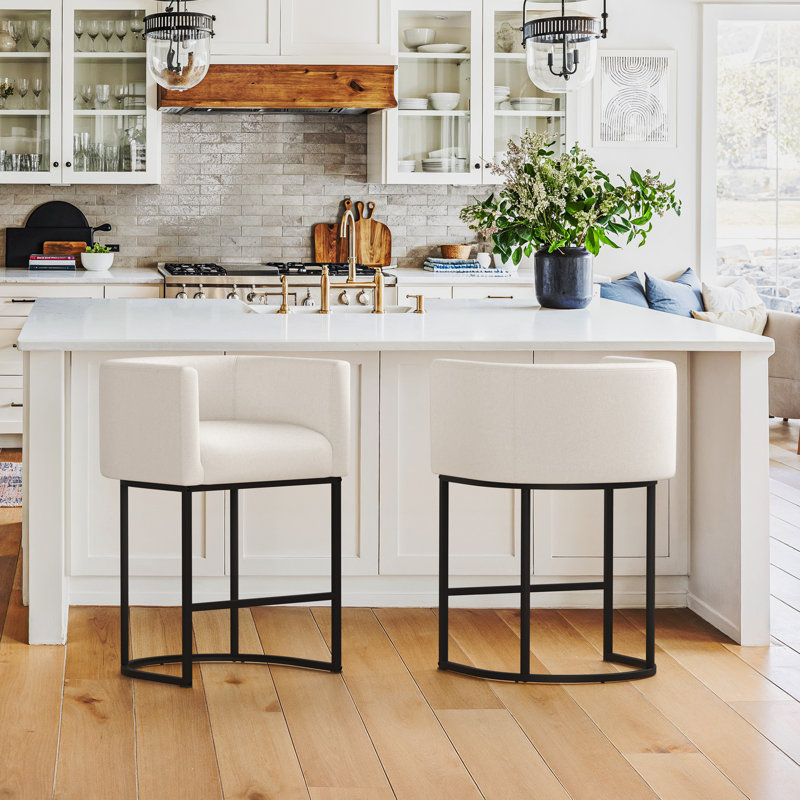27"Upholstered Counter Height Bar Stools with Curved Barrel Back And  Metal Frame, Beige Linen Seat/Black Frame