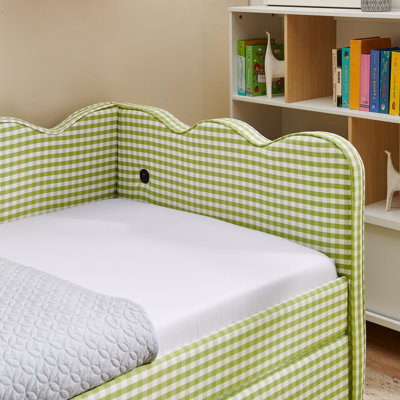 Twin Size Cozy Gingham Daybed with 2 Storage Drawers & USB Port – Sofa Bed for Bedroom, Living Room, Guest Room, Green