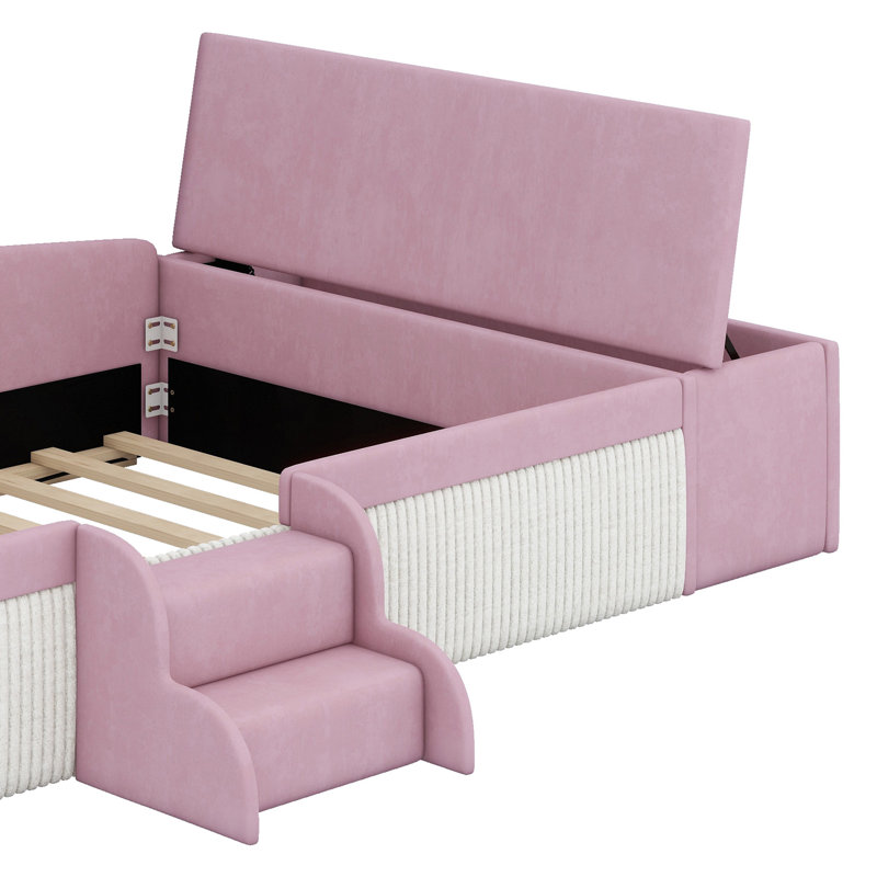Élégant lit de jour rembourré conçu avec des escaliers et un repose-pieds avec rangement à gaz, Pink+White