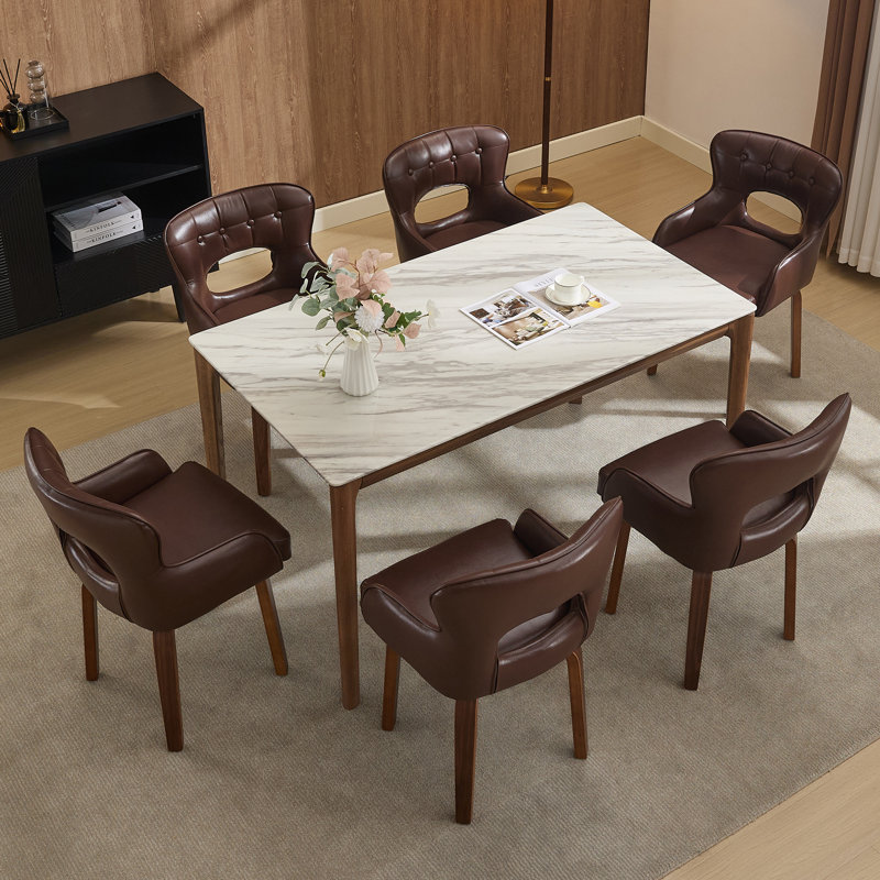 360° Swivel Faux Leather Upholstered Dining Chair With Adjustable Foot Pads, Solid Wood Legs, Brown