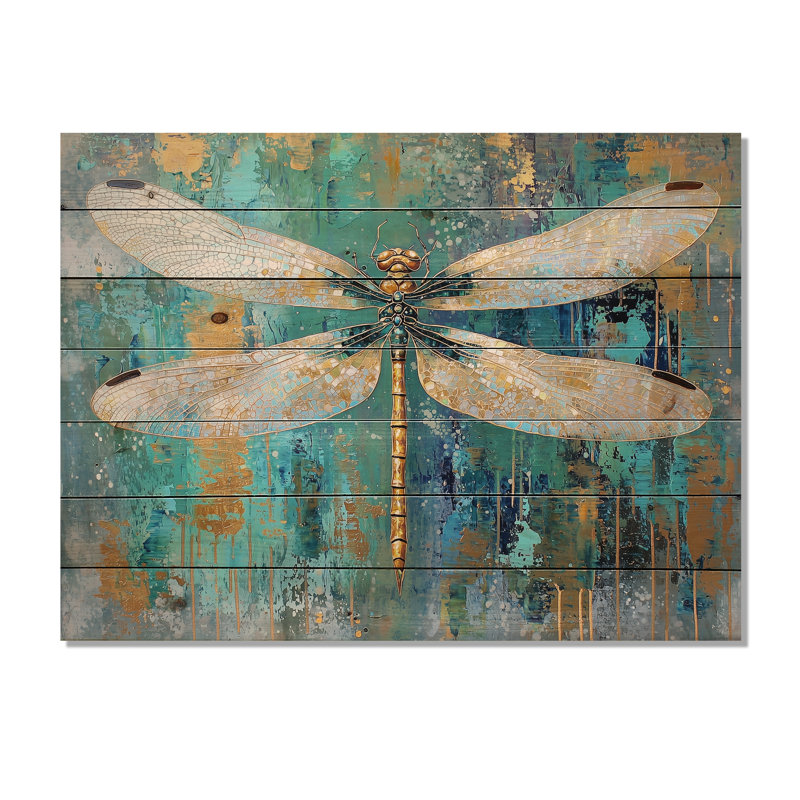Libellule émeraude, ailes irisées III - art mural moderne en bois sur bois de pin naturel, H 30 po x l 40 po