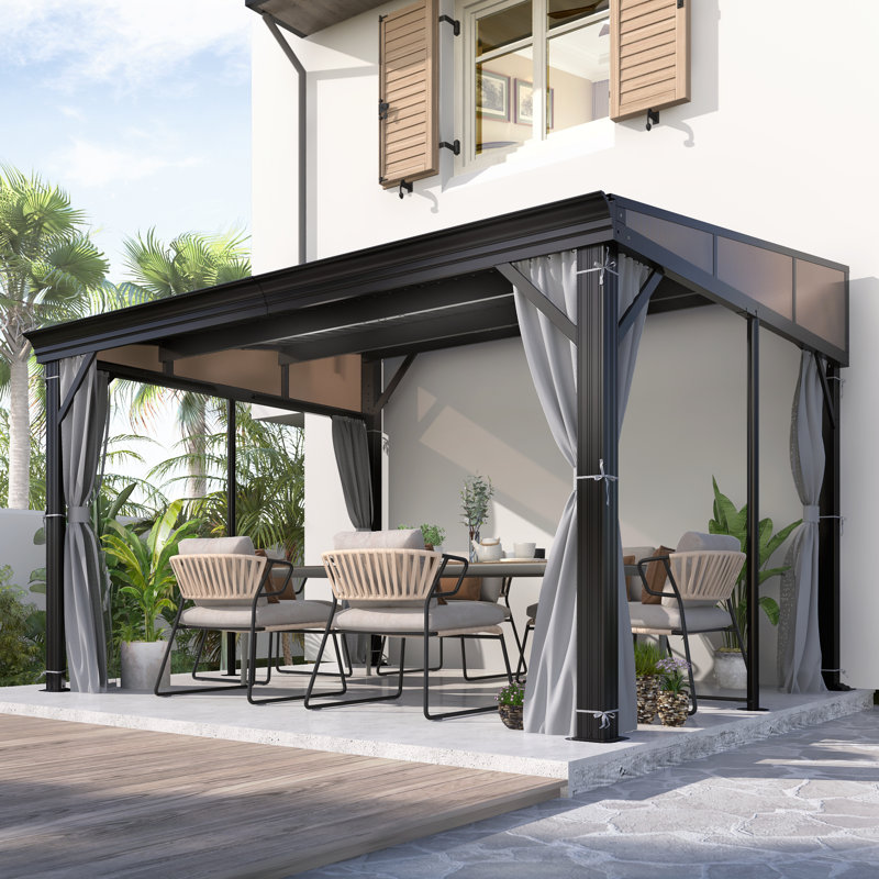 10 ft. W x 12 ft. D Wall-mounted Galvanized Steel Hardtop Gazebo, Heavy-duty Aluminum Frame Patio Gazebo with Netting & Curtains