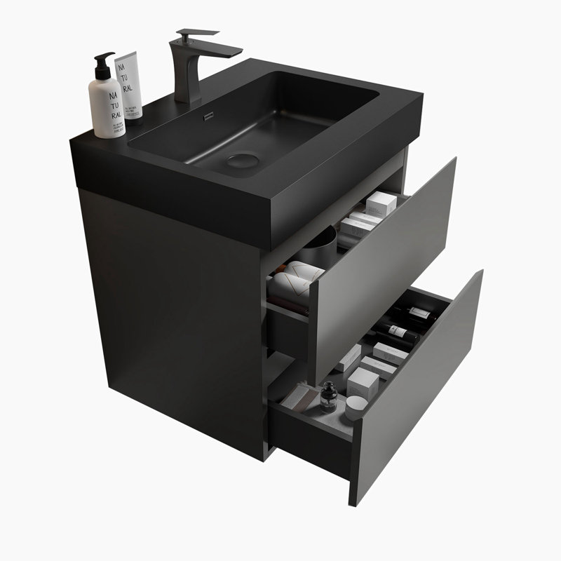 24'' Single Bathroom Vanity with Solid Surface Top, Black, Gray