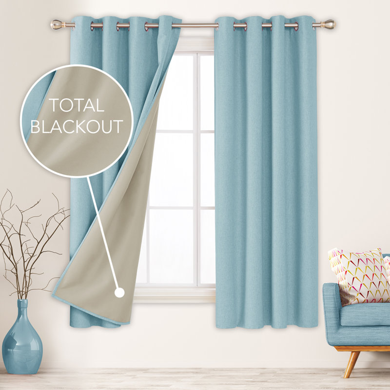 Lythrodontas Faux Linen Total Blackout Curtain Panels, 52" W x 96" H, Teal