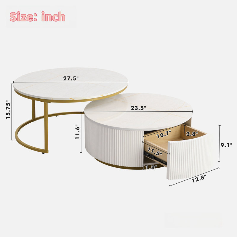 Table basse gigogne moderne avec motif cannelé, 1 tiroir et pieds en métal, Blanc