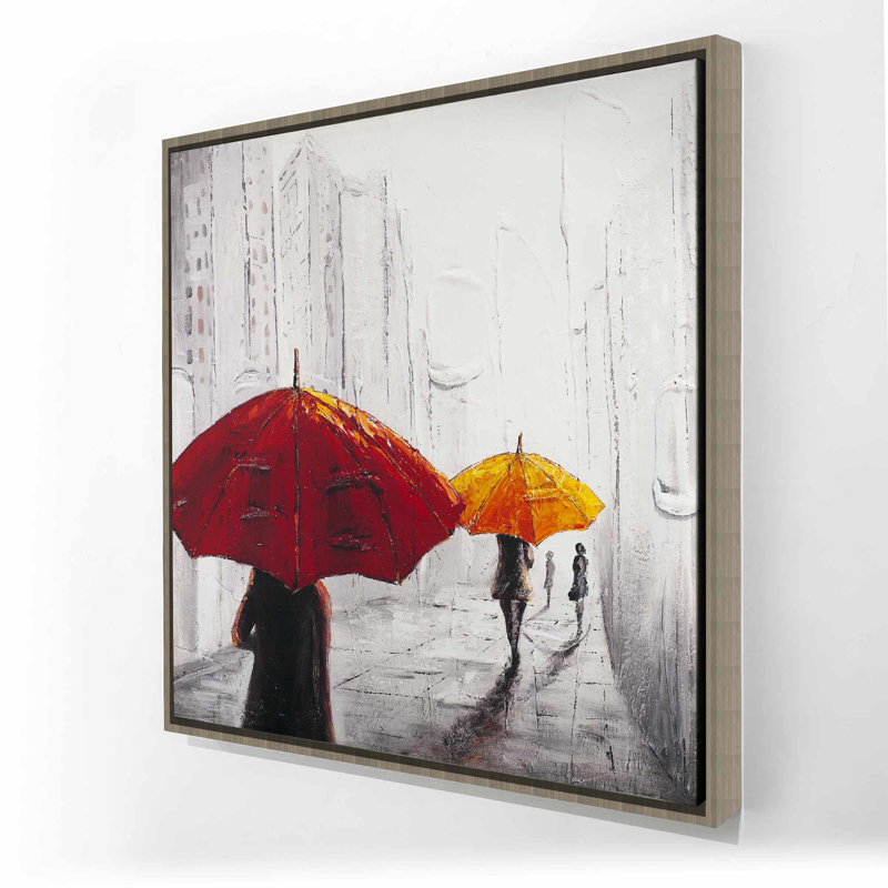 «Passersby with Umbrellas», art de paysage de rue rouge