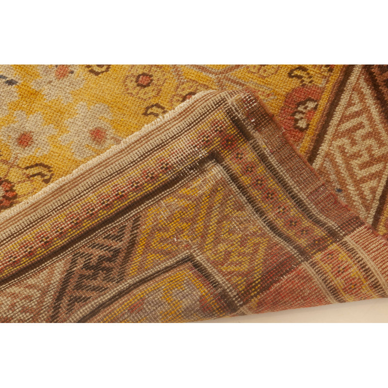 Tapis brun foncé / orange / jaune en laine tissé à la main Mid-Century Samarkand Vintage 3 pi 8 po x 6 pi 6 po
