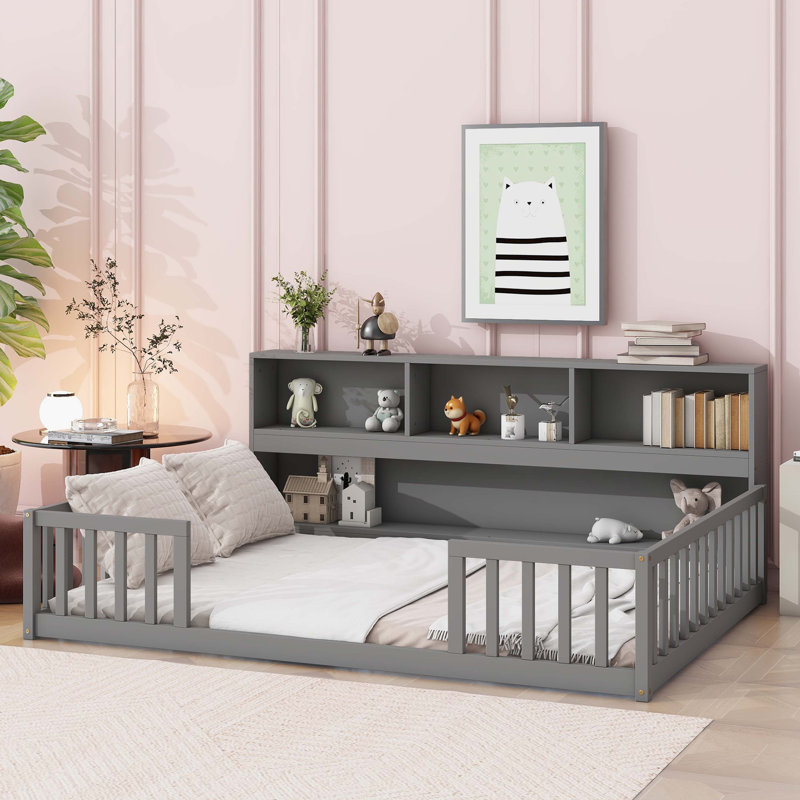 Grey Full Floor Bed Featuring Side Bookcase, Shelves, And Safety Guardrails, Gray, Full