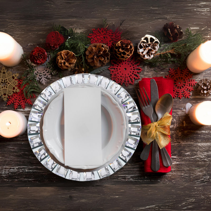 Handcrafted Silver Glass Charger Plates with Diamond Accents, 13" Set of 4
