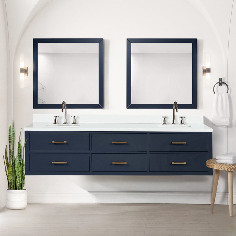 Meuble-lavabo double l 80 po x P 22 po avec comptoir en marbre de culture, robinet et 36 miroirs intrigants