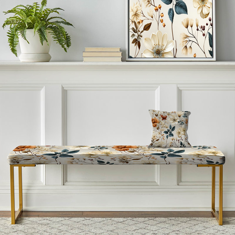 Banc floral rembourré or, Fleurs d'automne orange et blanches