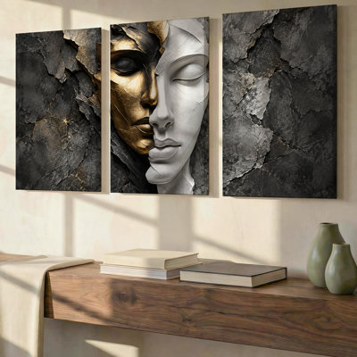 Ensemble exclusif de 3 tableaux panoramiques sculpturaux noirs, blancs et dorés, décoration murale moderne sur toile pour salon, chambre, bureau et maison, prêts à accrocher.