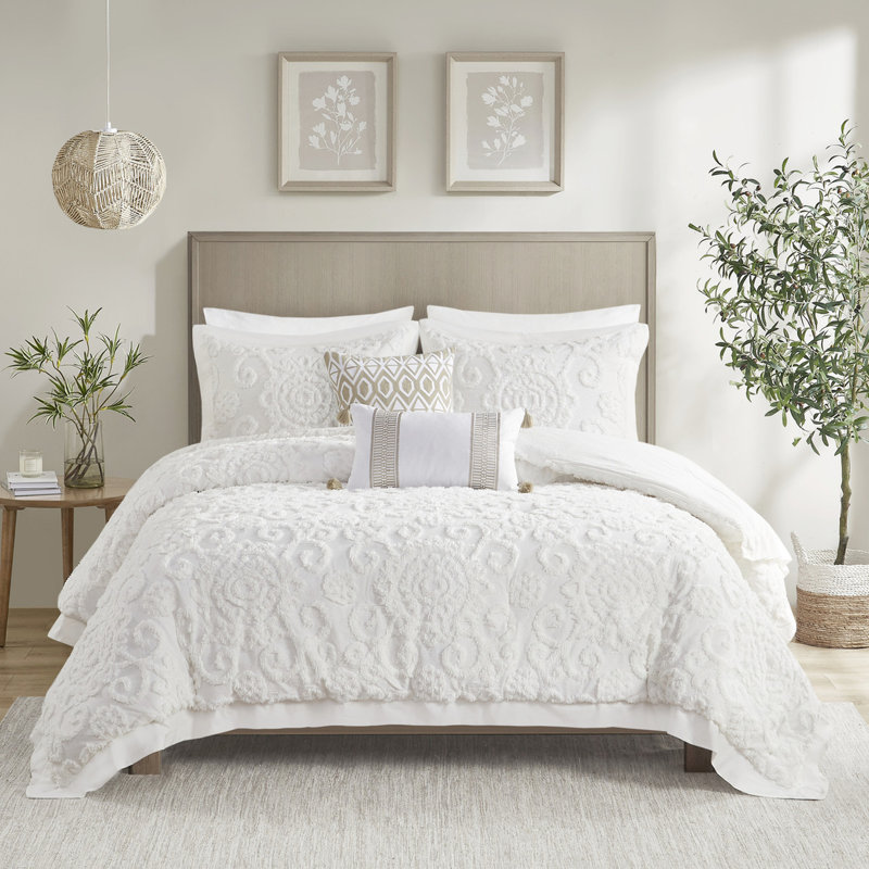 Couette double/queen - 100 % coton avec une superbe broderie chenille 3D - Garnissage extra-large pour un confort optimal - 2 taies d'oreiller standard - Mini-couette envoûtante et généreusement garnie incluses