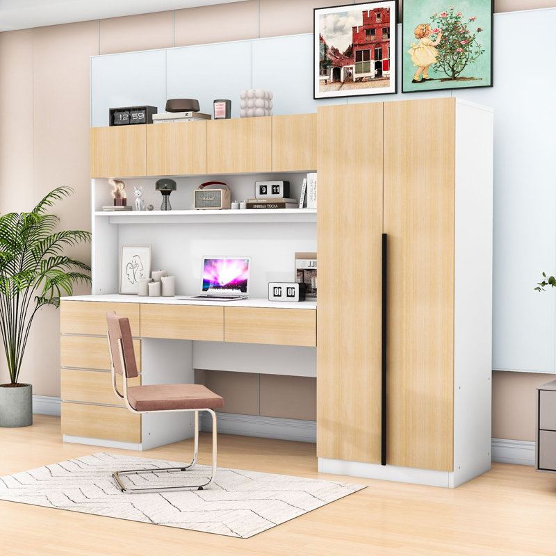 Wooden Freestanding Wardrobe and Desk Combo with Ample Storage for Small Spaces, Natural