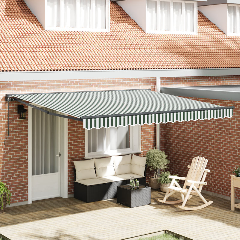 Longshore Tides Retractable Patio Awning, 400 cm W x 350 cm D, Green/White Striped