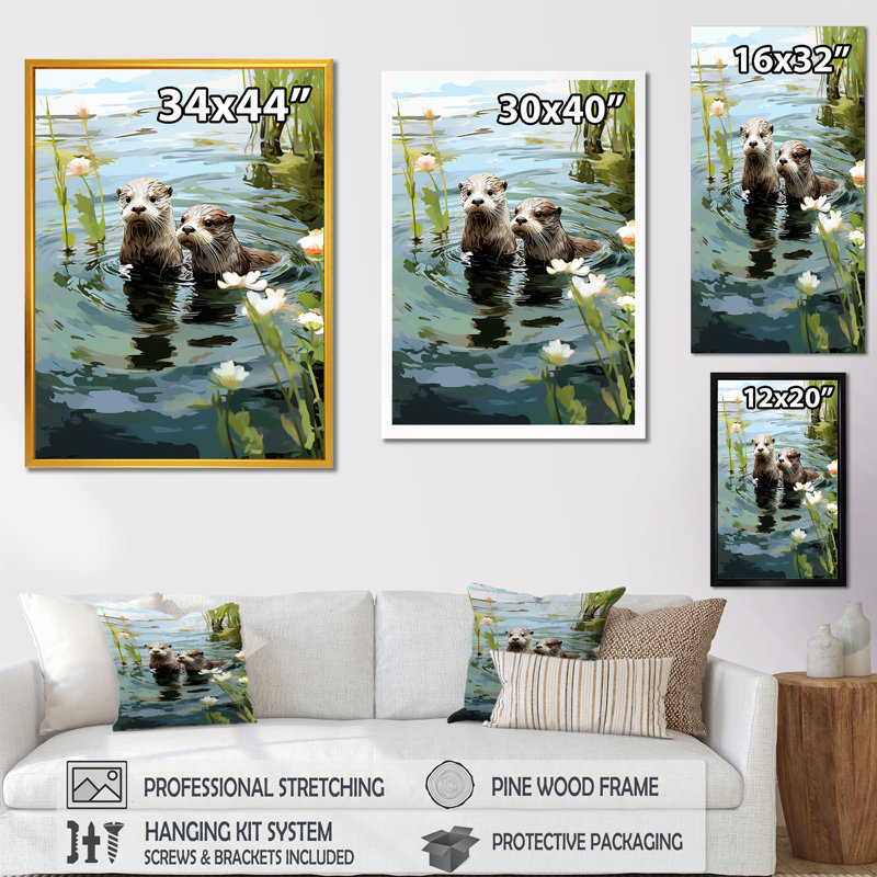 «Otters Playtime - Coastal Animal», art mural, Cadre flottant blanc, H 32 po x l 16 po