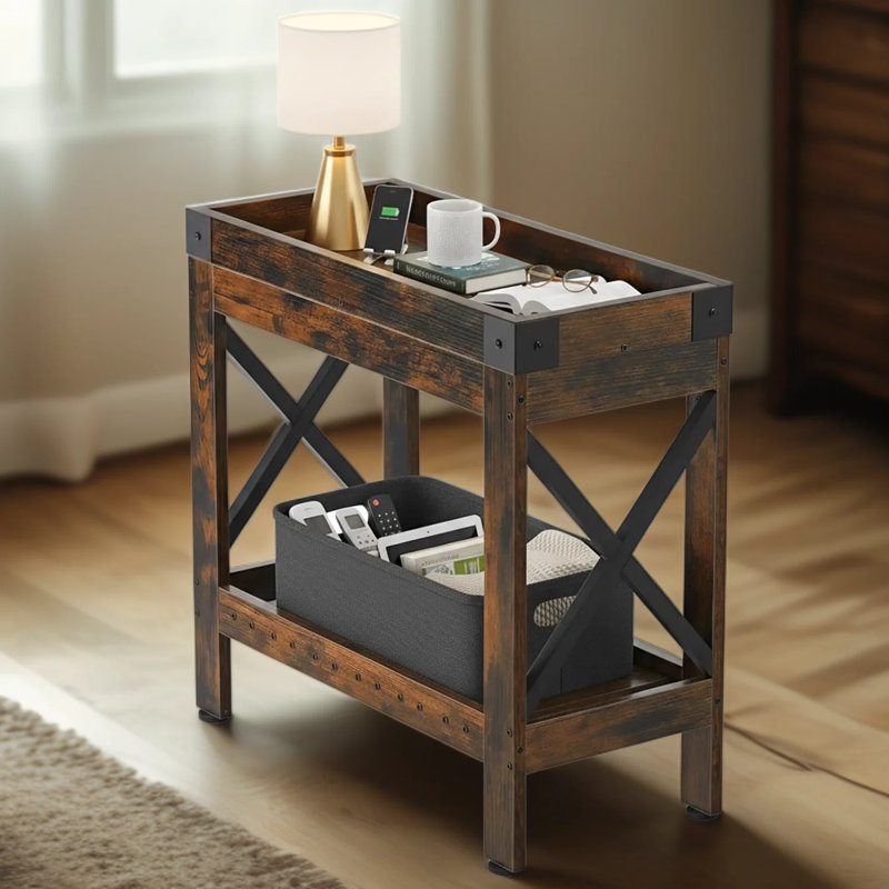 Table d'appoint mince avec tablette de rangement et couvercle sécuritaire - Table de bout peu encombrante pour le salon, la chambre à coucher et les petits espaces, style campagne moderne