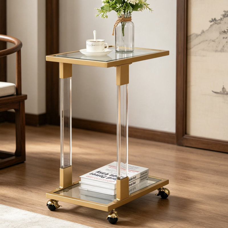 Golden Side Table, Acrylic Sofa Table, Glass Top C Shape Square Table With Metal Base For Living Room, Bedroom, Balcony Home And Office