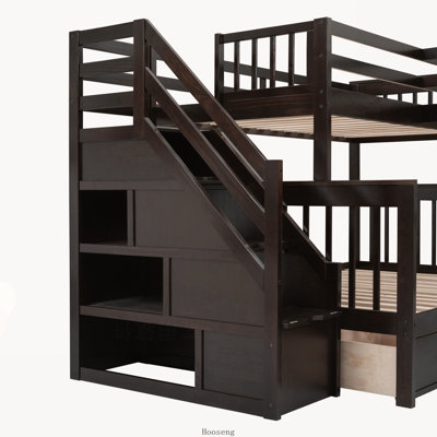 Lit superposé en L (deux lits simples au-dessus d'un lit double) avec 3 tiroirs, bureau et armoire portatifs, couleur espresso