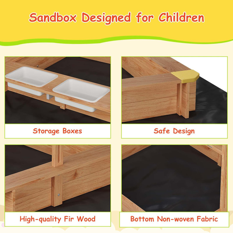 Wooden Sandbox With 2 Plastic Boxes, Outdoor Sand Box With Bottom Liner, Adjustable Height & Rotatable Canopy, Anti-Collision Design