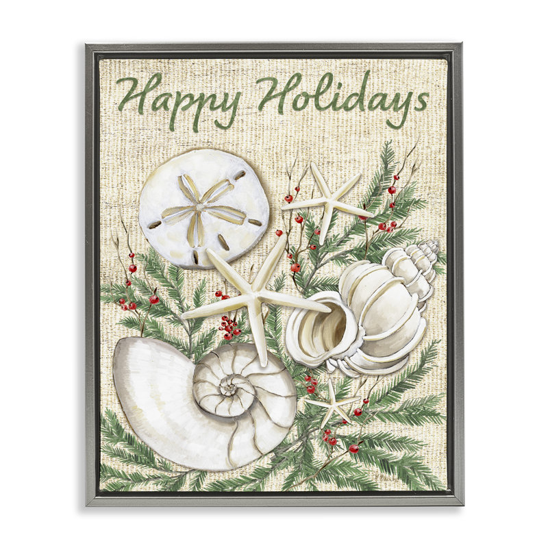  «Festive Seashells & Holly», art mural sur toile par Paul Brent, Cadre flottant gris lustré, H 31 po x l 25 po
