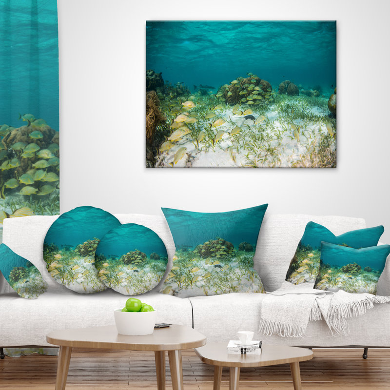 School of Grunts with Baracuda - Oreiller imprimé Sea & Shore, 16 po x 1 po, Coussin décoratif