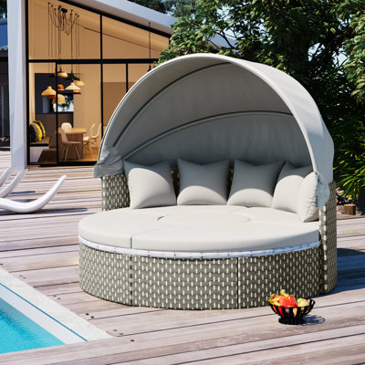 Patio Sectional Daybed With , Retractable Canopy, Gray Two-tone Weave, Metal Frame And Seat Cushions Pe Outdoor Daybed, Gray, Water Cushions, Adjustable Table