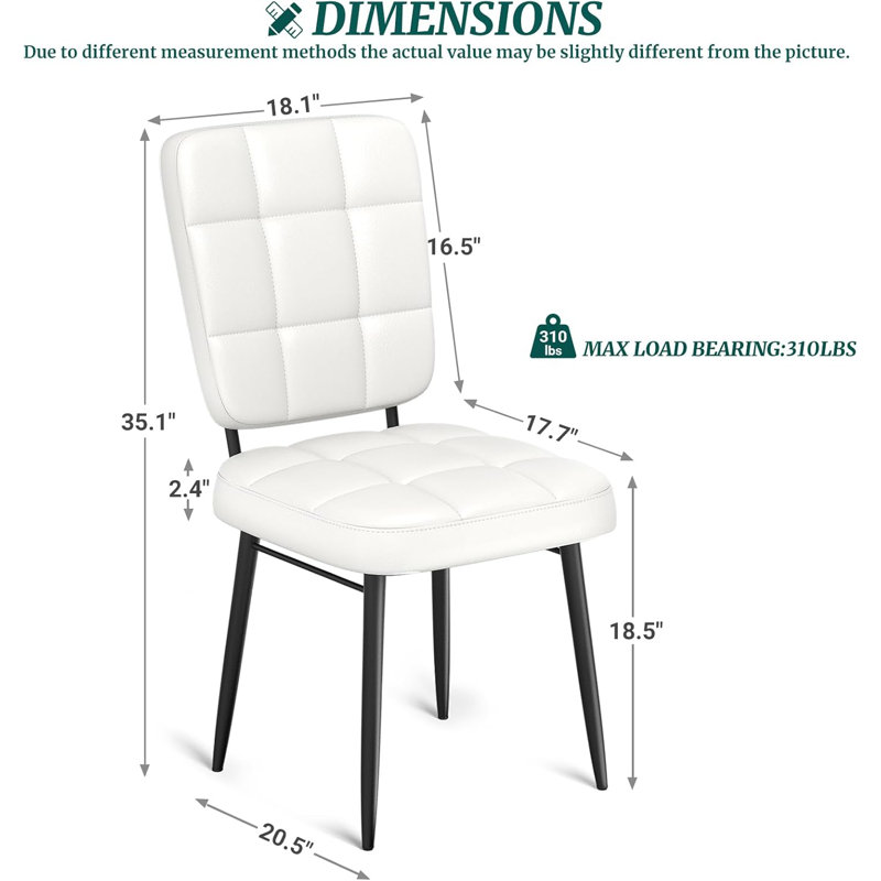 Chaises de salle à manger rembourrées avec coussin épais, dossier haut, pieds en métal, Blanc