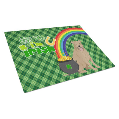 St. Patrick's Day Fawn Pit Bull Terrier Glass Cutting Board - Large Tempered Glass Serving & Chopping Board With Non-Slip Feet