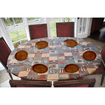 Canora Grey Deluxe Elastic Edged Flannel Backed Vinyl Fitted Table Cover - Global Coffee Pattern - Oblong/Oval - Fits Tables Up To 48" W X 68" L in , 48" x 68"