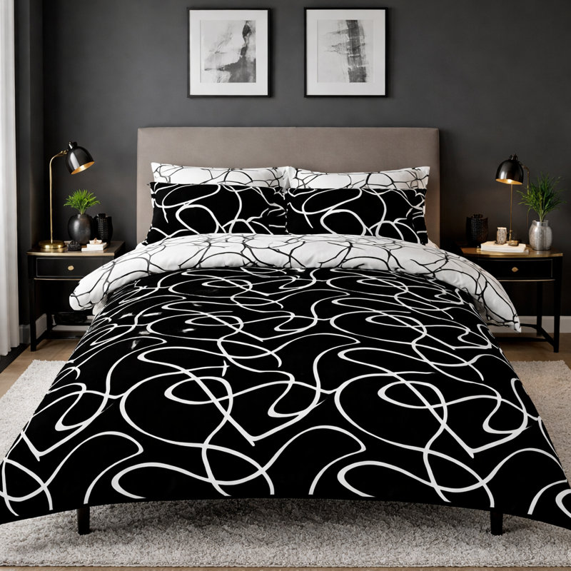 Alkistis Polyester Abstract Duvet Cover Set , Black/White, Single - 1 Standard Pillowcase