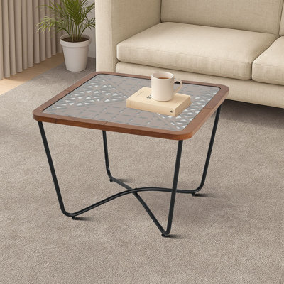 Modern Square Accent Table with Patterned Glass Top and Metal Frame