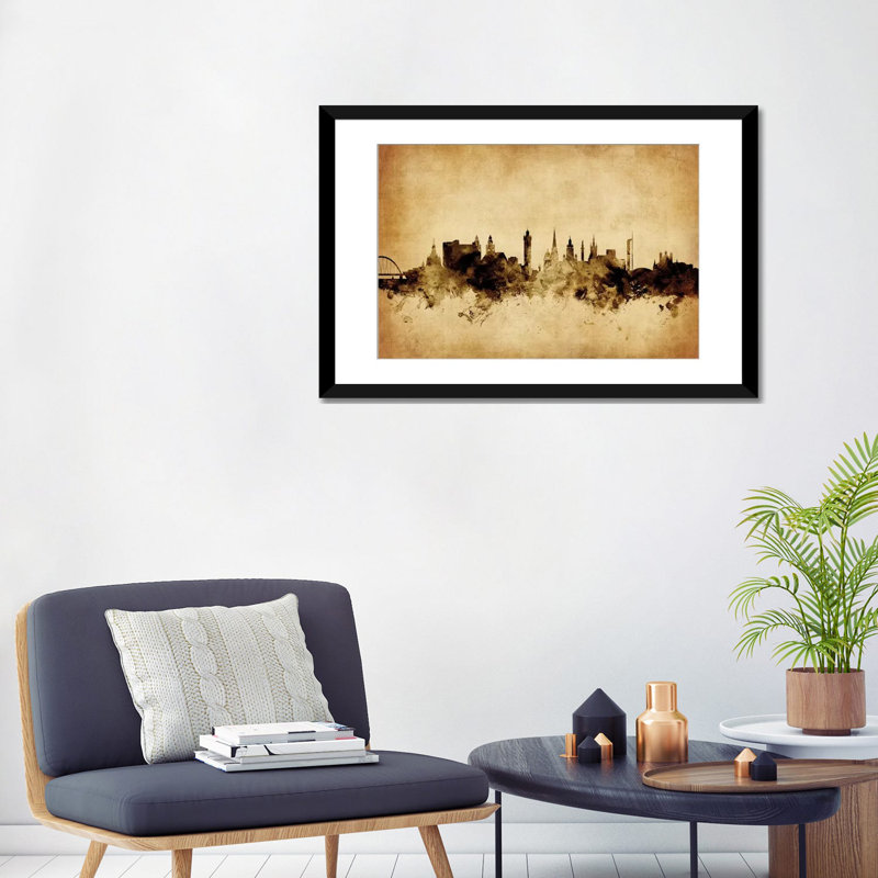 Foxed (Retro) Skyline Series: Glasgow, Écosse, Royaume-Uni, impression sur toile tendue, H 24 po x l 32 po x P 1 po, Blanc