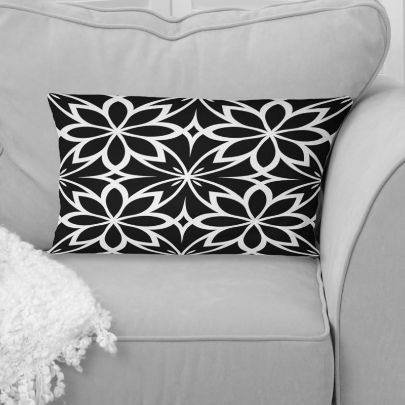 Coussin lombaire transitionnel noir et blanc avec motif floral Blooms III